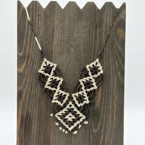 Handmade Iridescent Black & Ivory Seed Bead Statement Bib Necklace